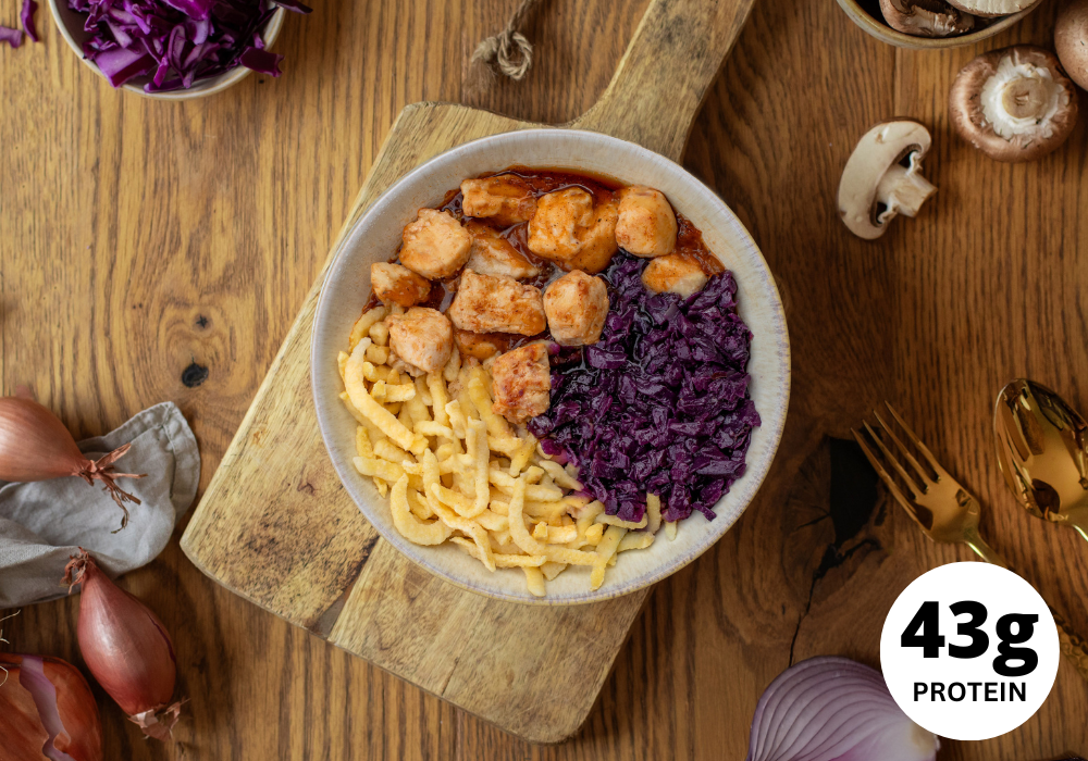 CH : Poulet avec chou rouge & spätzle