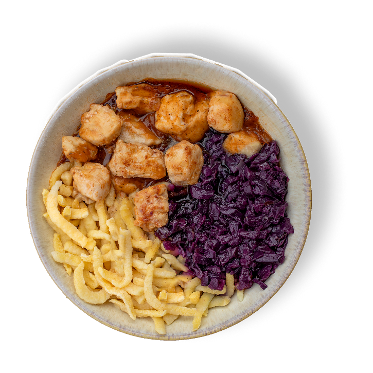 Hähnchen mit Rotkohl & Spätzle