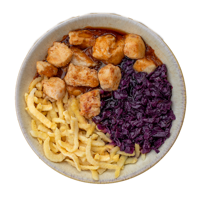 Hähnchen mit Rotkohl & Spätzle